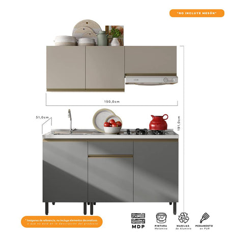 Cocina Integral Santiago Grafito y Pecan 150 cm - Cocinas | Bylmo