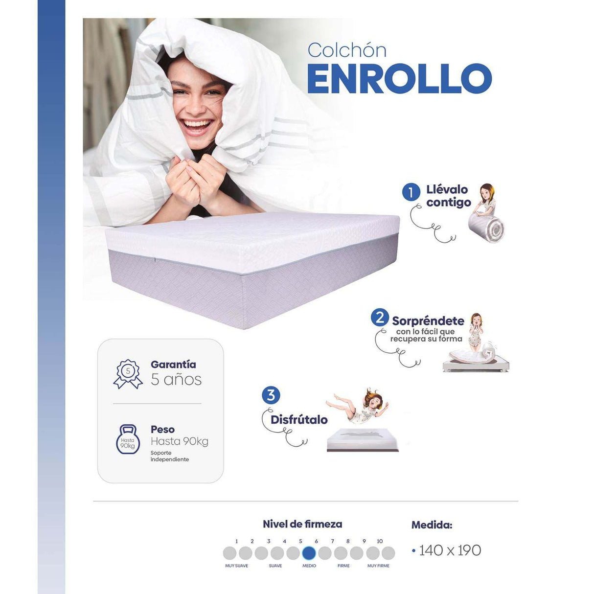 Colchón Colklo Doble 140 cm Enrollable Firmeza Medio - Colchones | Bylmo