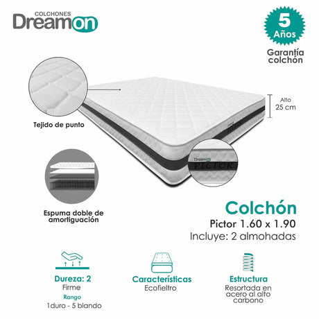 Combo Colchón Pictor Blanco Queen 160 X 190 Cm Medio Firme e Hipoalergénico - Colchones | Bylmo
