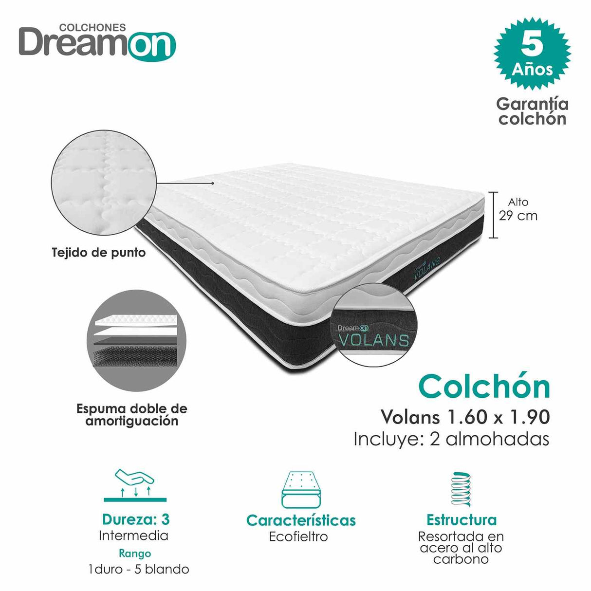 Combo Colchón Volans Blanco Queen 160 X 190 Cm Medio e Hipoalergénico - Colchones | Bylmo