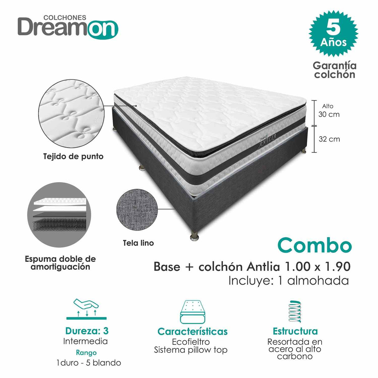 Combo Base Cama y Colchón DreamOn Antlia Gris Sencilla 100 cm Rectangular con Una Almohada - Combos Habitacion | Bylmo