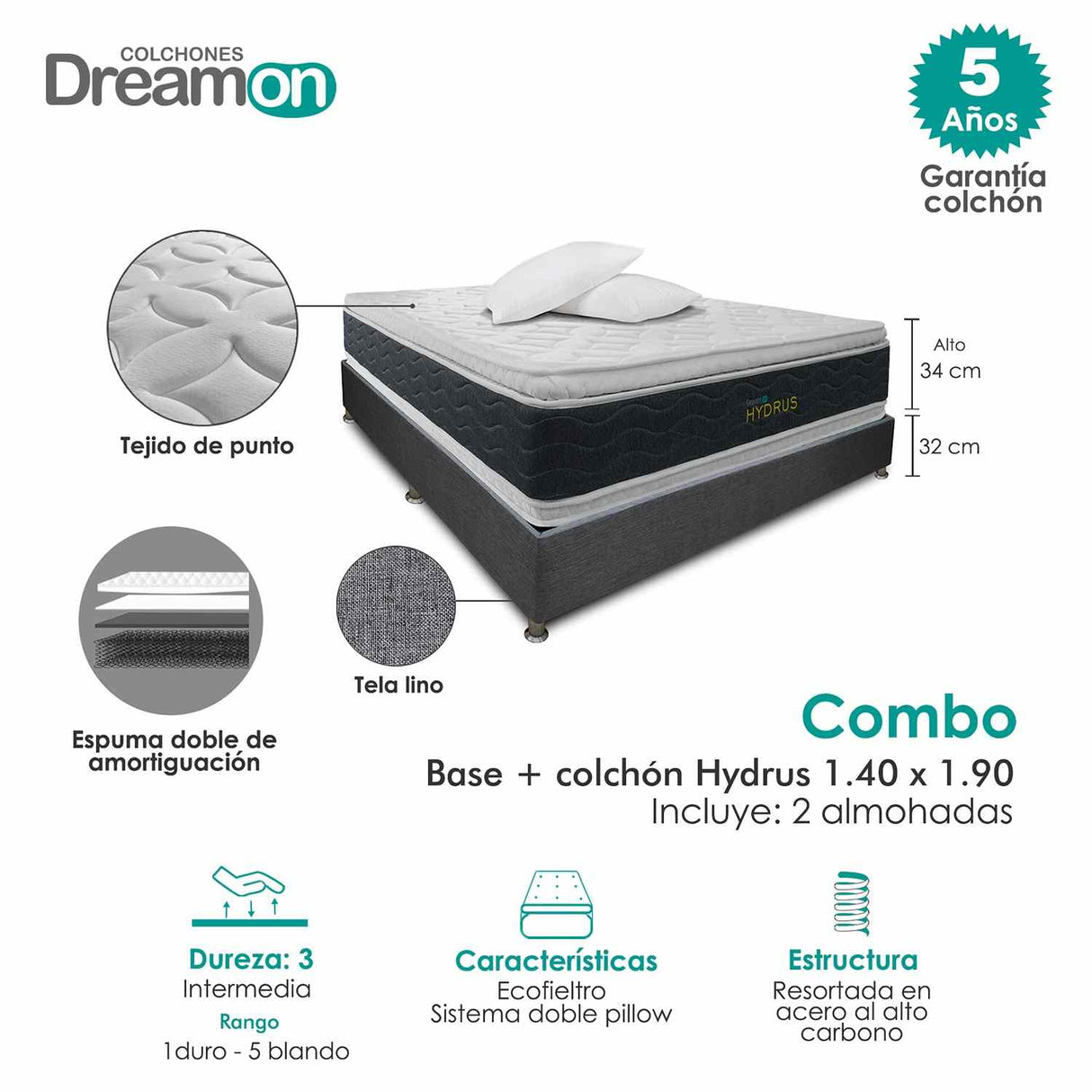 Combo Base Cama y Colchón DreamOn Hydrus Gris Doble 140 cm Rectangular con Dos Almohadas - Combos Habitacion | Bylmo