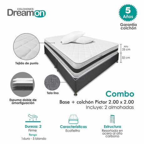 Combo Base Cama y Colchón DreamOn Pictor Gris King 200 cm Rectangular con Dos Almohadas - Combos Habitacion | Bylmo