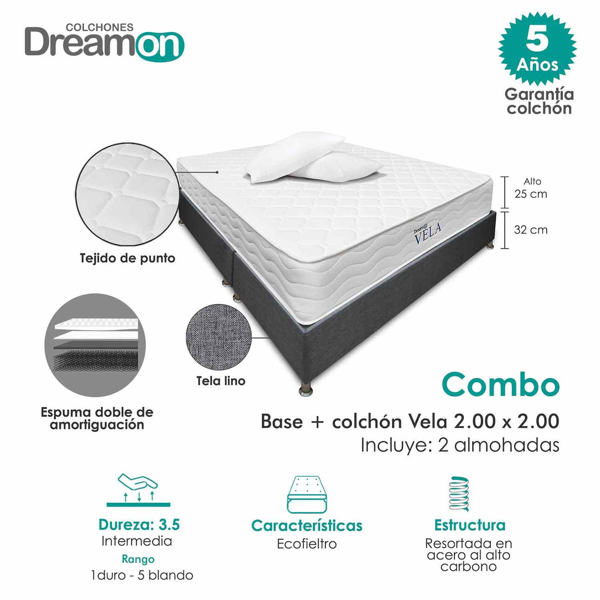 Combo Base Cama y Colchón DreamOn Vela Gris King 200 cm Rectangular con Dos Almohadas - Combos Habitacion | Bylmo