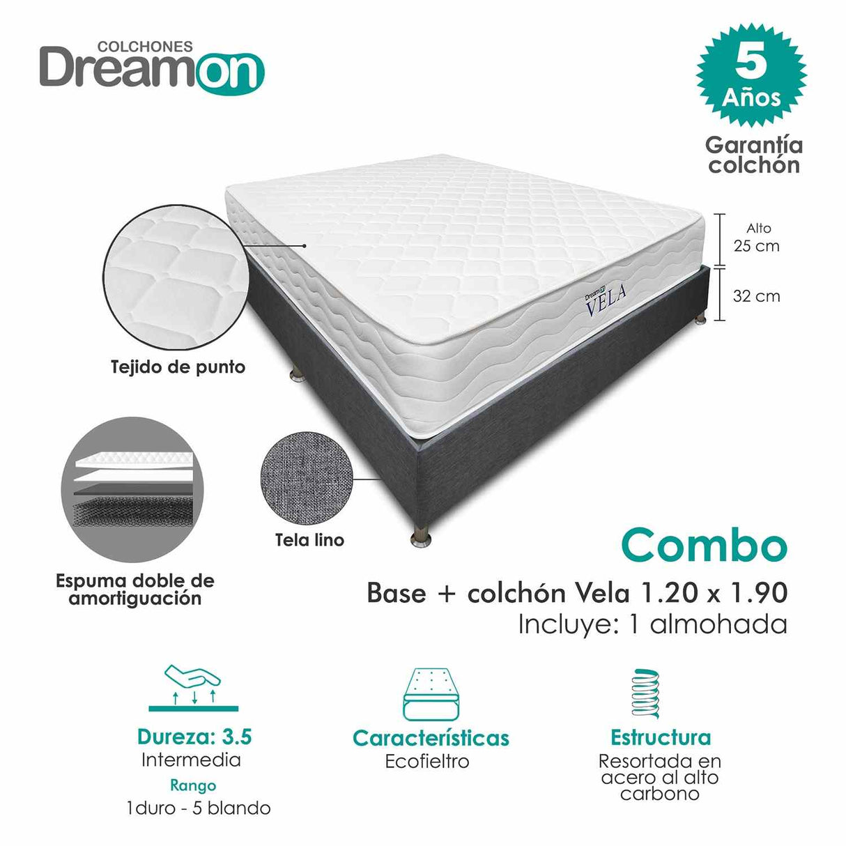 Combo Base Cama y Colchón DreamOn Vela Gris Semidoble 120 cm Rectangular con Una Almohada - Combos Habitacion | Bylmo