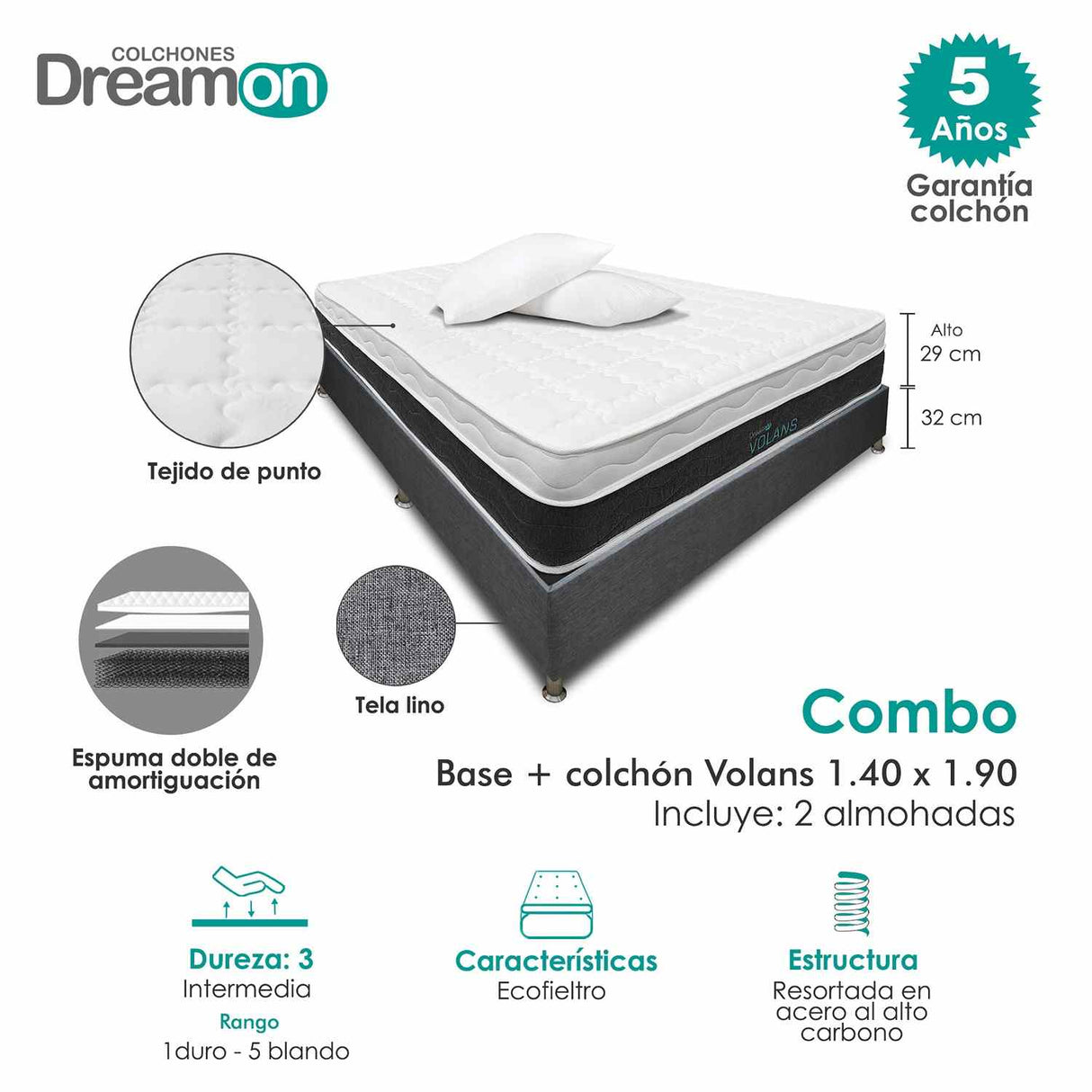 Combo Base Cama y Colchón DreamOn Volans Gris Doble 140 cm Rectangular con Dos Almohadas - Combos Habitacion | Bylmo