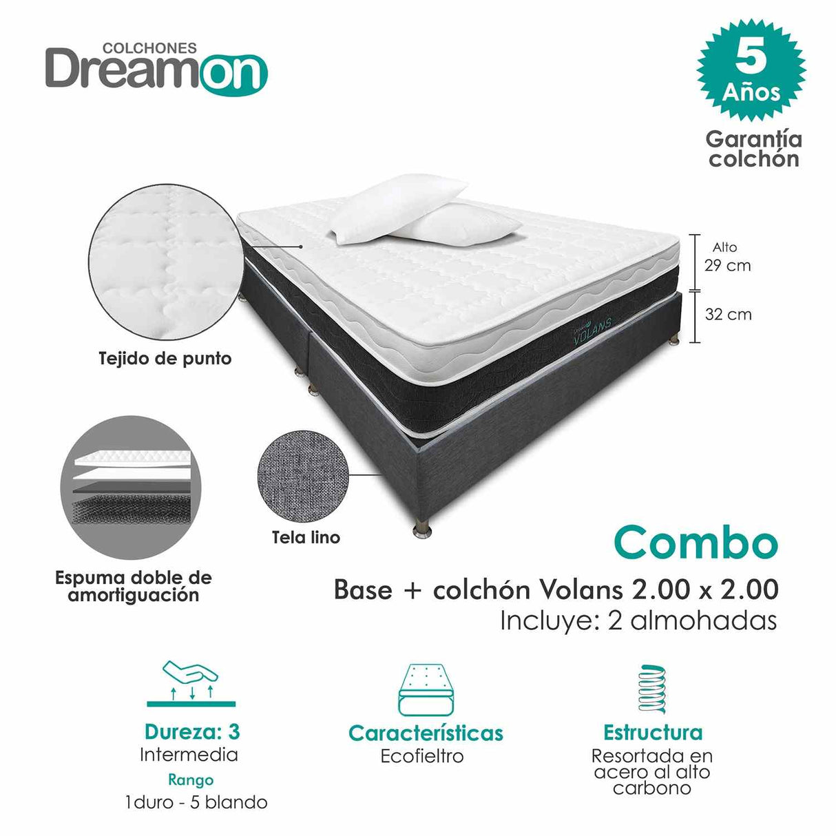 Combo Base Cama y Colchón DreamOn Volans Gris King 200 cm Rectangular con Dos Almohadas - Combos Habitacion | Bylmo