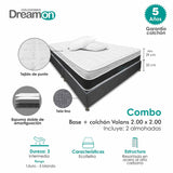 Combo Base Cama y Colchón DreamOn Volans Gris King 200 cm Rectangular con Dos Almohadas - Combos Habitacion | Bylmo