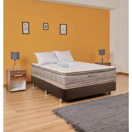 Combo Base Cama y Colchón Optims Beige y Plata Doble 140 cm con Dos Almohadas y Protector - Combos Habitacion | Bylmo