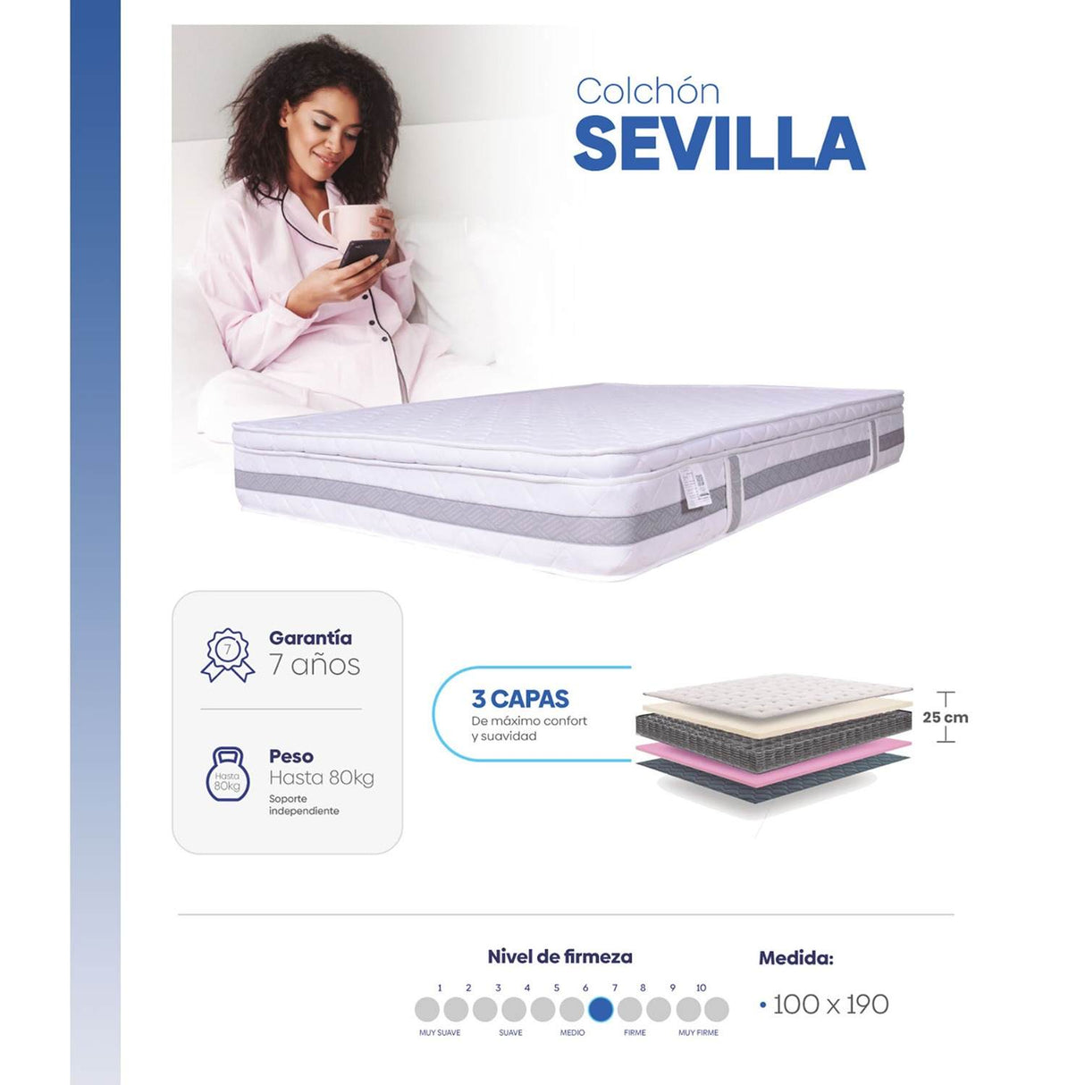 Combo Base Cama y Colchón Sevilla Blanco Sencilla 100 cm Firmeza Medio - Combos Habitacion | Bylmo