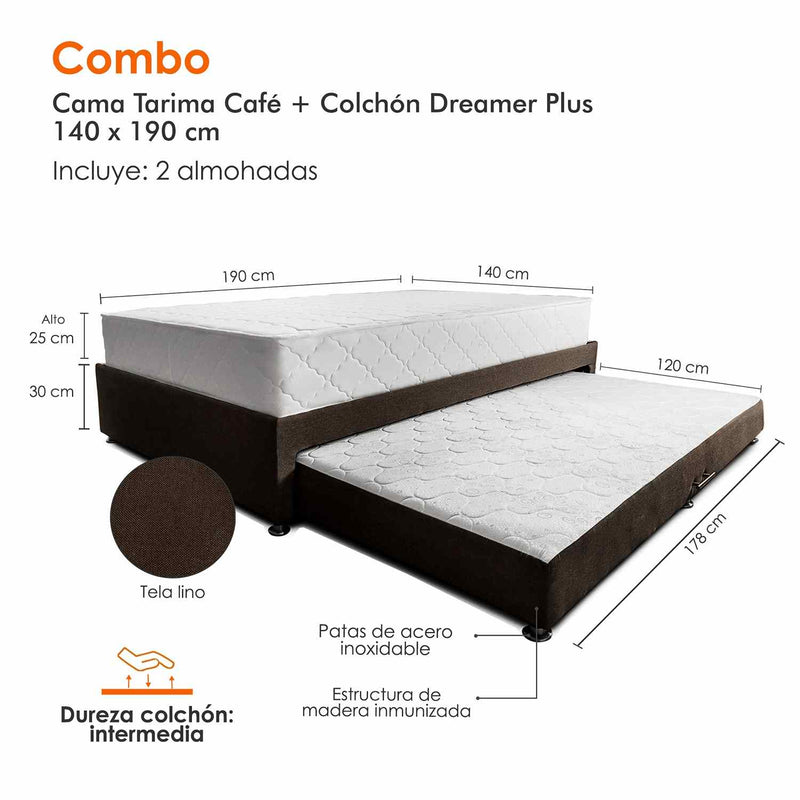 Combo Cama Tarima y Colchón Dreamer Café Doble 140 cm Rectangular con Dos Almohadas