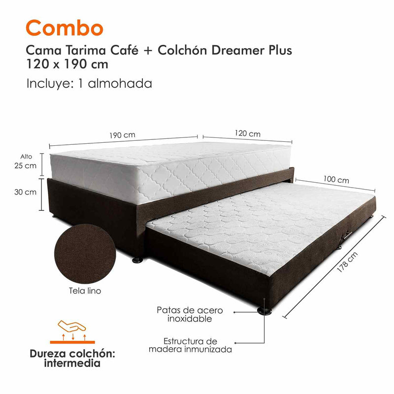 Combo Cama Tarima y Colchón Dreamer Café Semidoble 120 cm Rectangular con Una Almohada