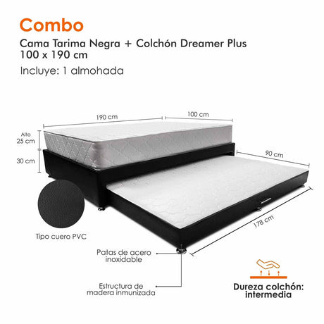 Combo Cama Tarima y Colchón Dreamer Negro Sencilla 100 cm Rectangular con Una Almohada - Combos Habitacion | Bylmo
