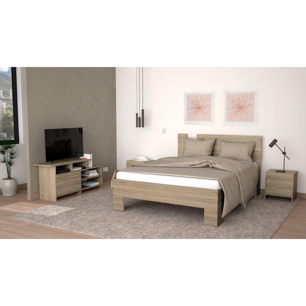 Combo Cama, Mesas de Noche y Rack para TV Doble 140 cm Rovere - Camas | Bylmo
