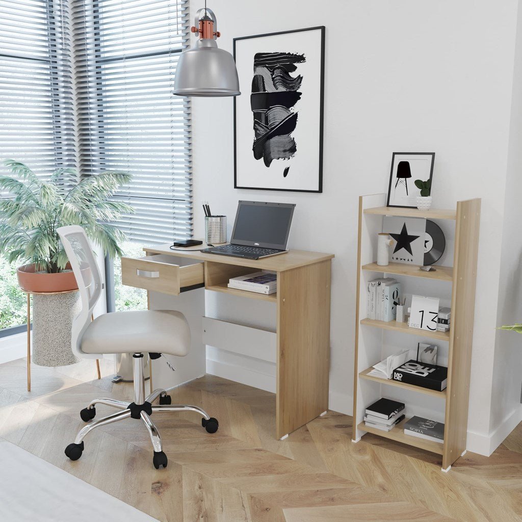 Combo Escritorio y Biblioteca Rovere y Blanco 40x100.8cm Con Un Cajón y con Organizador de Libros - Escritorios y Archivadores | Bylmo
