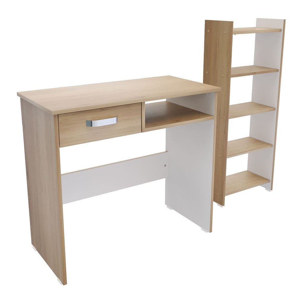 Combo Escritorio y Biblioteca Rovere y Blanco 40x100.8cm Con Un Cajón y con Organizador de Libros - Escritorios y Archivadores | Bylmo