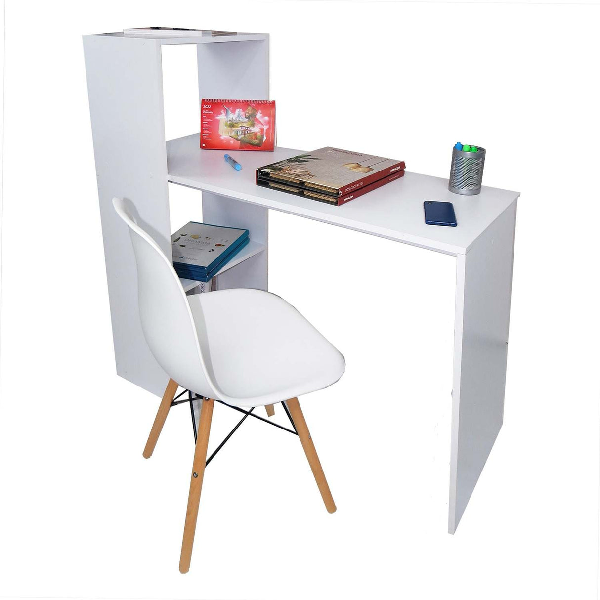 Combo Escritorio y Silla Queen Blanco 110 cm con Biblioteca - Combos Oficina | Bylmo
