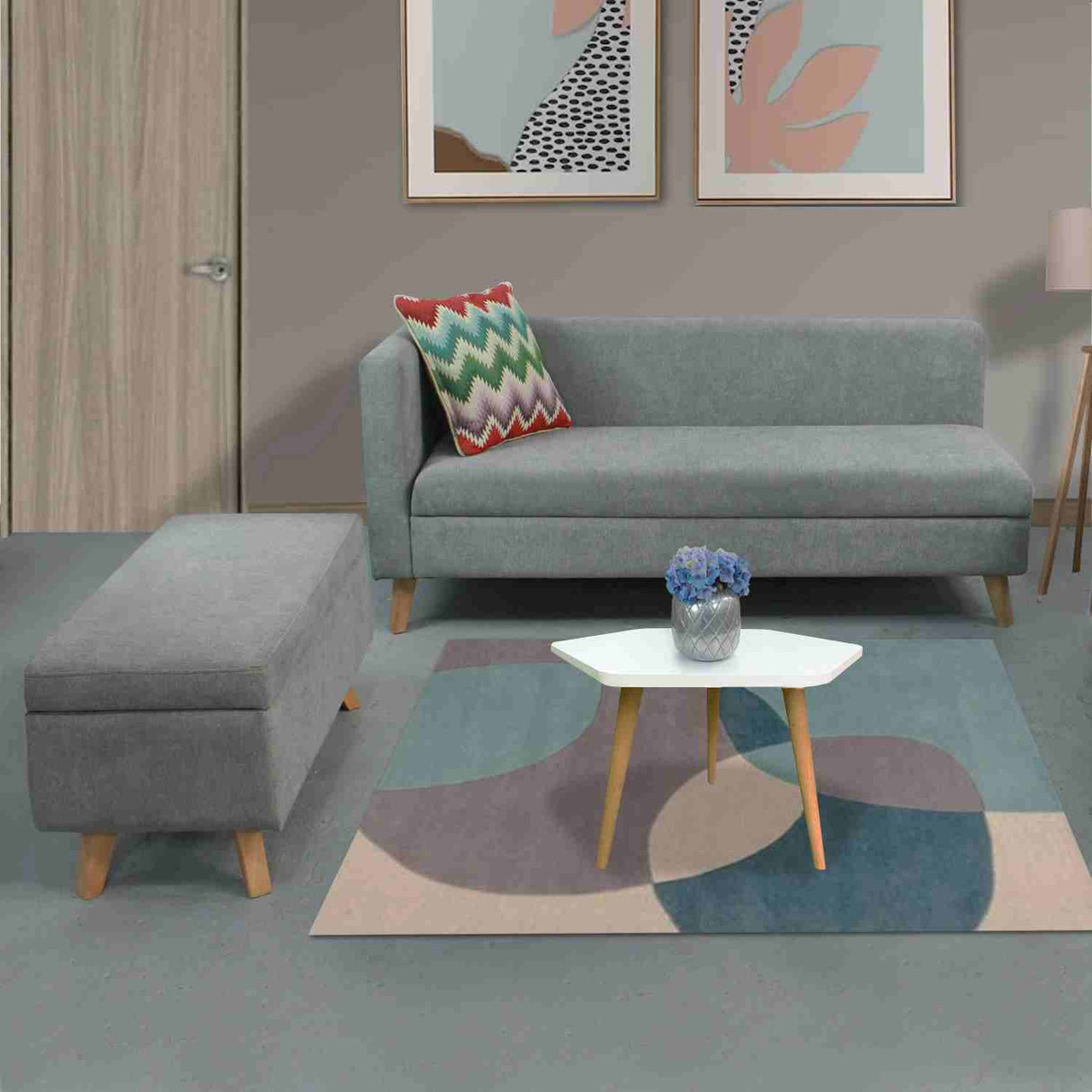 Combo Sofá Baúl Chaise Long Gris 163 cm con Mesa de Centro y Banqueta - Combos Sala | Bylmo