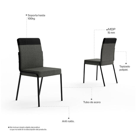 Comedor Imperial Grafito y Negro 93x93cm Cuadrado de Cuatro Puestos y con Cuatro Sillas - Comedores | Bylmo