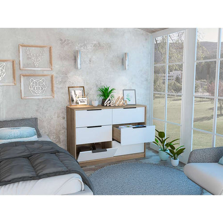 Cómoda Kaia Plus Miel y Blanco 107 cm con Cuatro Cajones y Dos Puertas - Cajoneras | Bylmo