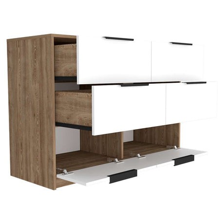 Cómoda Kaia Miel y Blanco 107x77.6cm De Tres Hileras con Seis Cajones - Cajoneras | Bylmo