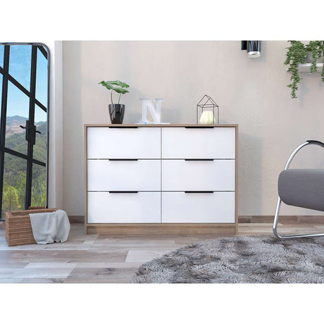 Cómoda Kaia Miel y Blanco 107x77.6cm De Tres Hileras con Seis Cajones - Cajoneras | Bylmo