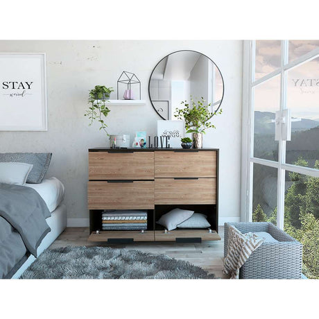 Cómoda Kaia Wengue y Miel 107 cm con Cuatro Cajones y Dos Puertas - Cajoneras | Bylmo