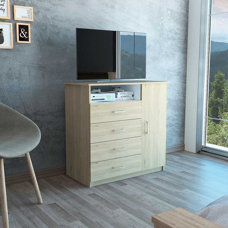 Cómoda Z 91 Rovere y Blanco 91x88.6cm De Cuatro Hileras con Cuatro Cajones y con Espacio para TV - Cajoneras | Bylmo