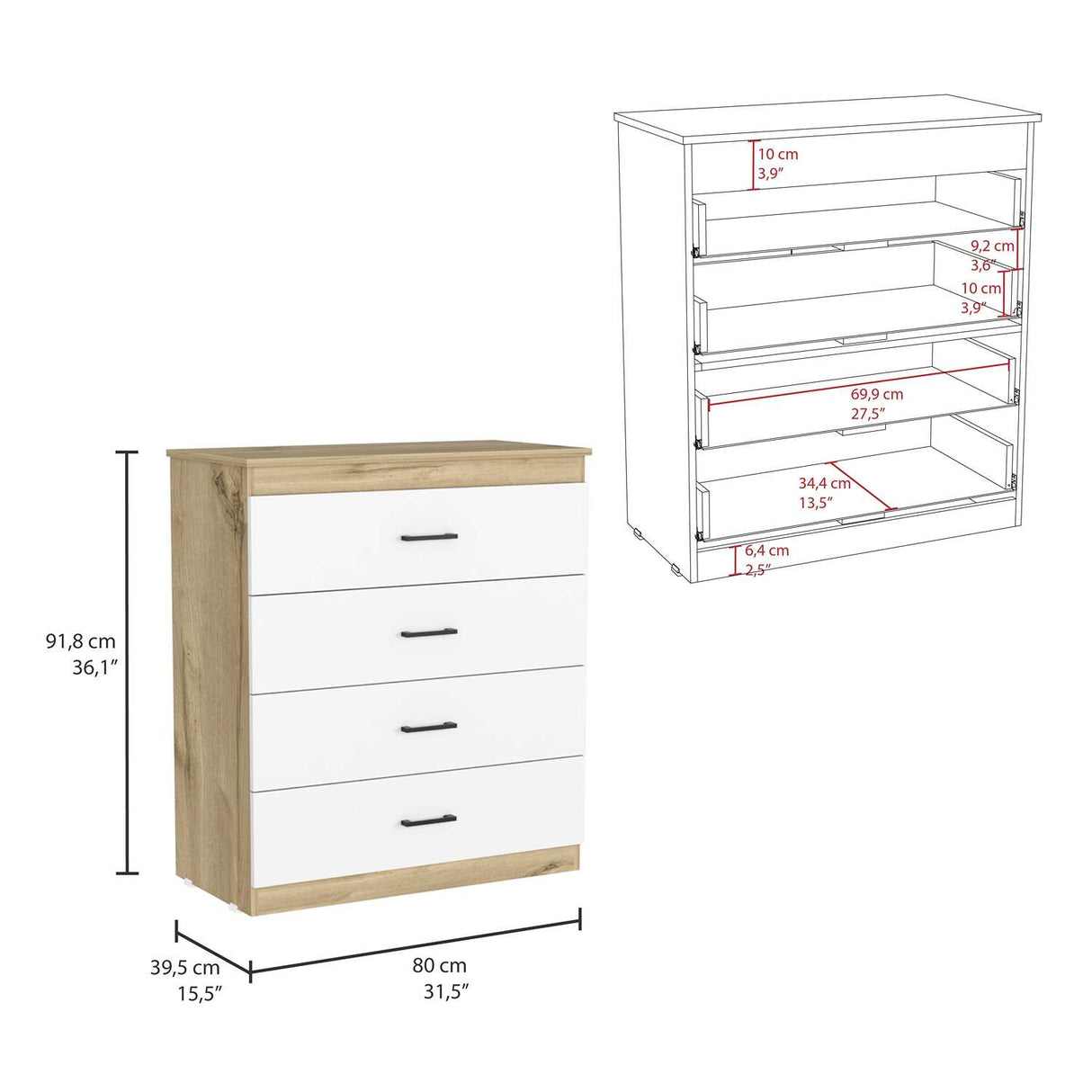 Cómoda Eter Blanco 80x92cm De Cuatro Hileras con Cuatro Cajones - Cajoneras y Comodas | Bylmo