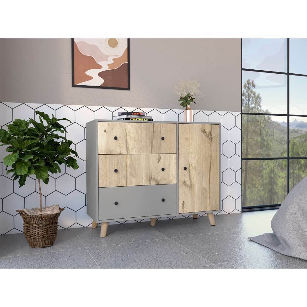 Cómoda Hamilton Duna y Gris 110 cm con Tres Cajones y Una Puerta - Cajoneras | Bylmo