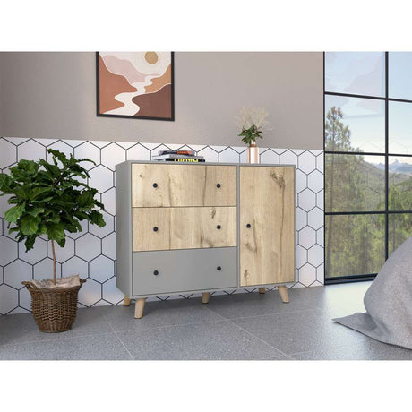 Cómoda Hamilton Duna y Gris 110 cm con Tres Cajones y Una Puerta - Cajoneras | Bylmo