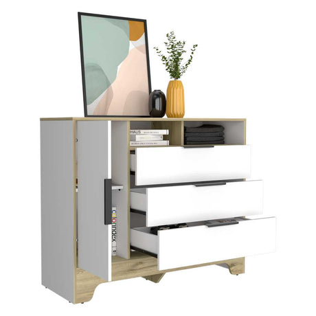 Cómoda Logan Duna y Blanco 110 cm con Tres Cajones y Una Puerta - Cajoneras | Bylmo