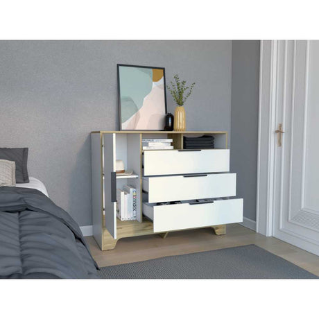 Cómoda Logan Duna y Blanco 110 cm con Tres Cajones y Una Puerta - Cajoneras | Bylmo