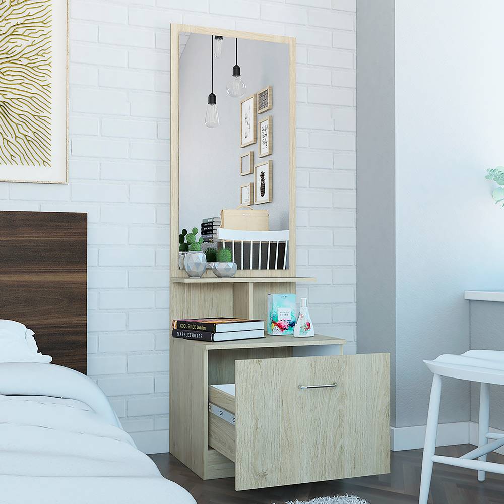 Mesa de Noche Turim Rovere y Blanco 54x170.7cm con Un Compartimiento y con Espejo - Cajoneras | Bylmo