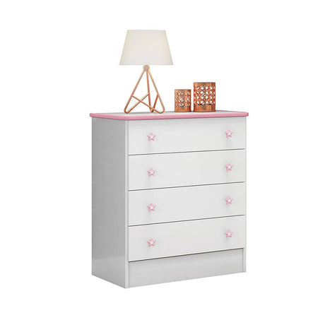 Cómoda Sarena Blanco y Rosado 64x79cm De Cuatro Hileras con Cuatro Cajones - Cajoneras y Comodas | Bylmo