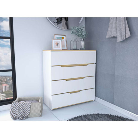 Cómoda Zoe Blanco Nevado y Duna 80 cm con Cuatro Cajones - Cajoneras | Bylmo