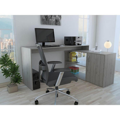 Escritorio en L Axis Ceniza 151x76.5cm sin Cajones y con Organizador de Libros - Escritorios y Archivadores | Bylmo