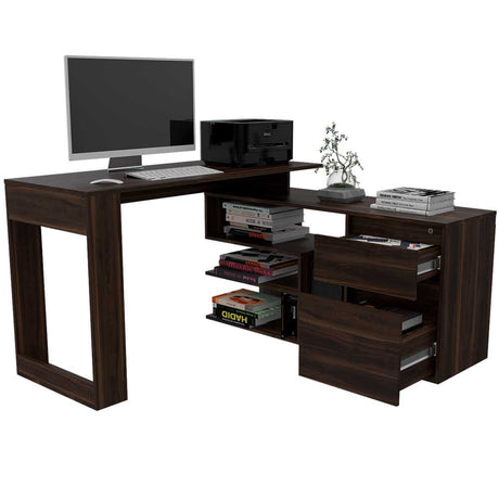 Escritorio en L Alteza Nogal 121 cm con Archivador, Cajón y Entrepaños - Escritorios y Archivadores | Bylmo