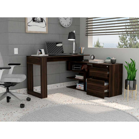 Escritorio en L Alteza Nogal 121 cm con Archivador, Cajón y Entrepaños - Escritorios y Archivadores | Bylmo
