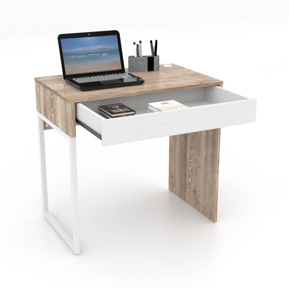 Escritorio Bruno Miel y Blanco 80x77cm Con Un Cajón - Escritorios y Archivadores | Bylmo