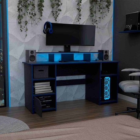 Escritorio Gamer Keria Wengue 157 cm con Entrepaño para Pantalla y Luz Led - Escritorios | Bylmo