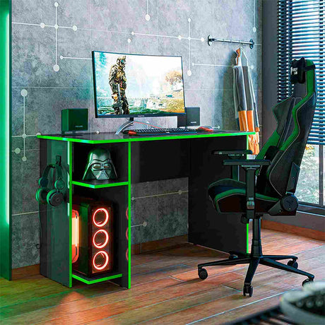 Escritorio Gamer Lyon Negro - Verde 114 cm con Compartimiento - Escritorios | Bylmo