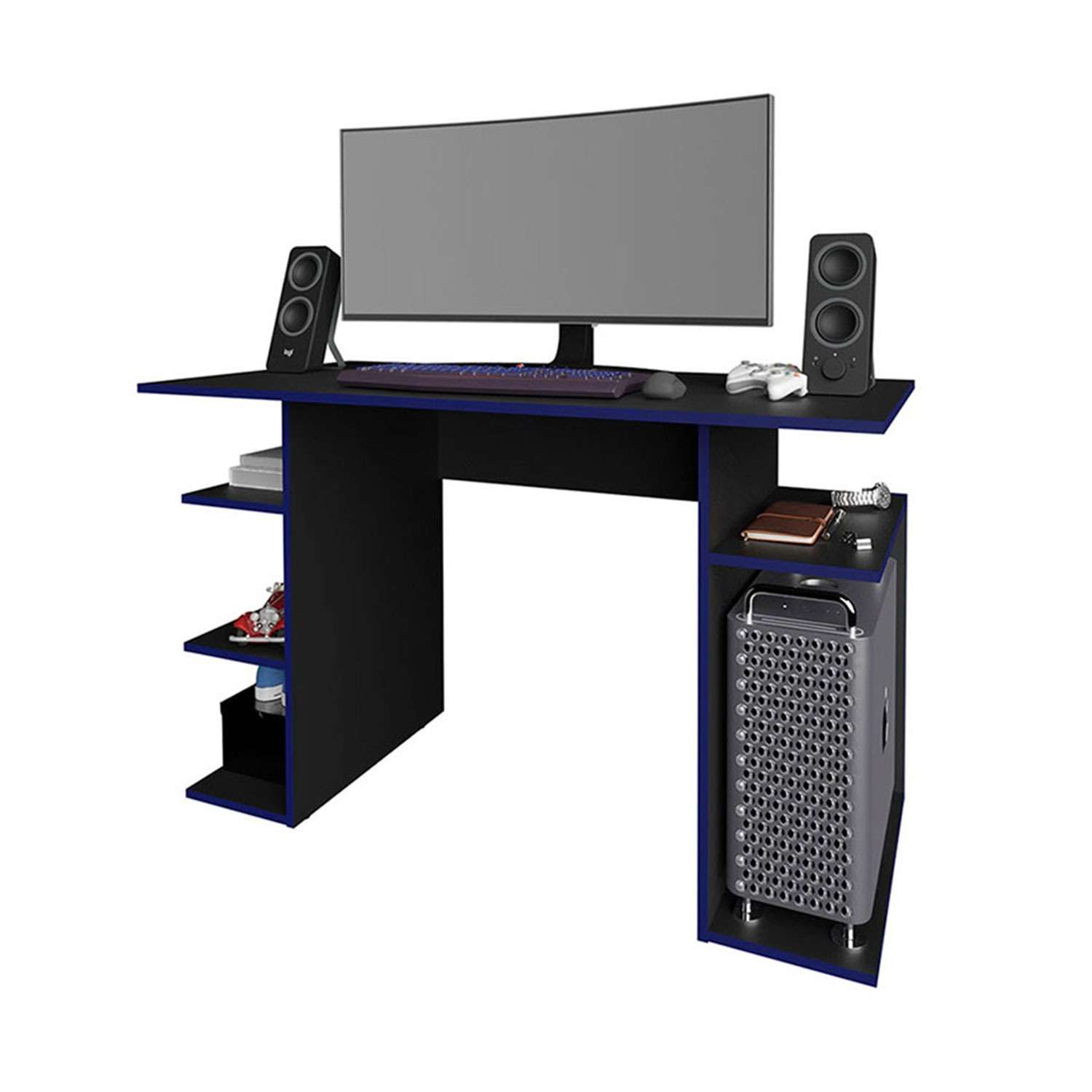 Escritorio Gamer Osaka Negro 120 cm con Bordes Azules y con Entrepaños - Escritorios | Bylmo