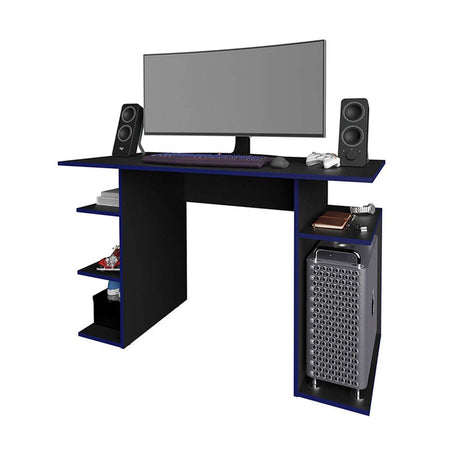 Escritorio Gamer Osaka Negro 120 cm con Bordes Azules y con Entrepaños - Escritorios | Bylmo