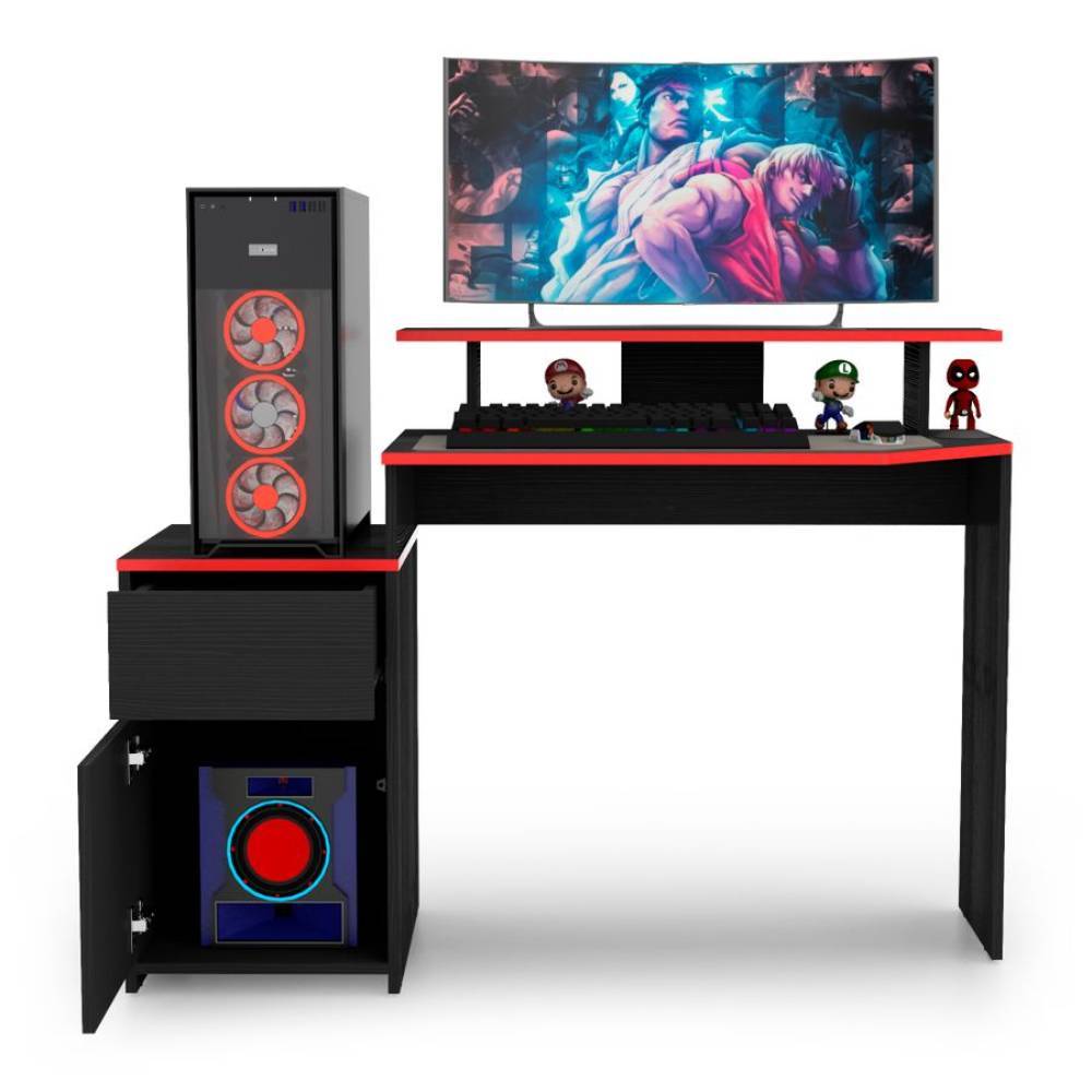 Escritorio Gamer Wengue y Rojo 120x88cm Con Un Cajón - Escritorios y Archivadores | Bylmo