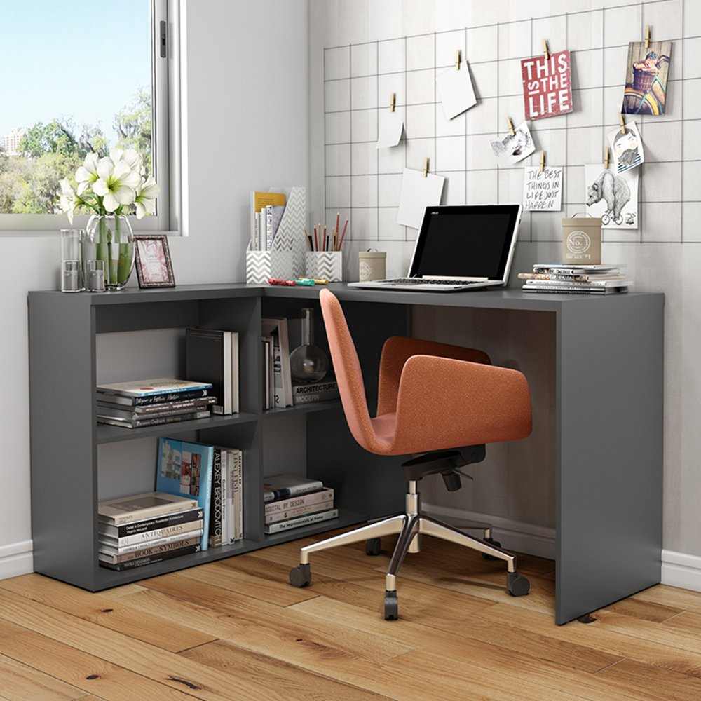 Escritorio en L light Grafito 135 cm con Biblioteca - Escritorios y Archivadores | Bylmo