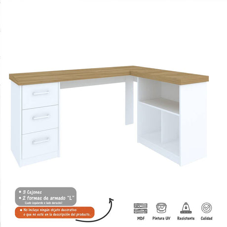 Escritorio en L Mali Avellana y Blanco 154x75cm Con Tres Cajones y con Organizador de Libros - Escritorios y Archivadores | Bylmo