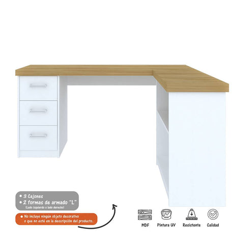 Escritorio en L Mali Avellana y Blanco 154x75cm Con Tres Cajones y con Organizador de Libros - Escritorios y Archivadores | Bylmo