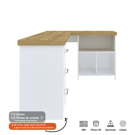 Escritorio en L Mali Avellana y Blanco 154x75cm Con Tres Cajones y con Organizador de Libros - Escritorios y Archivadores | Bylmo