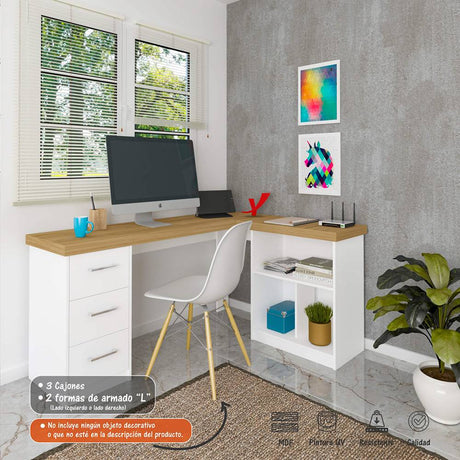 Escritorio en L Mali Avellana y Blanco 154x75cm Con Tres Cajones y con Organizador de Libros - Escritorios y Archivadores | Bylmo